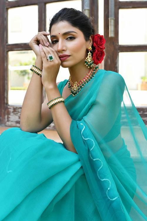 MULMUL TEAL ORCHID CHIFFON SAREE