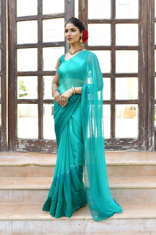 MULMUL TEAL ORCHID CHIFFON SAREE