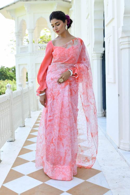 MULMUL SHUBHRA CORAL ORGANZA SAREE