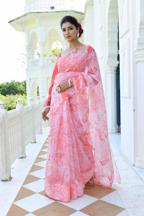 MULMUL SHUBHRA CORAL ORGANZA SAREE