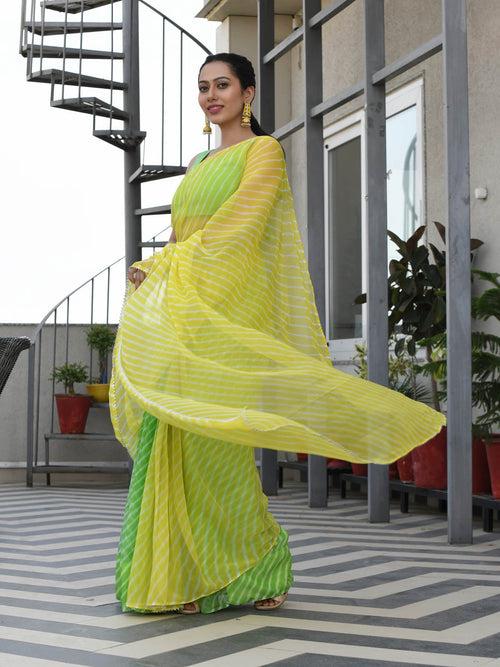 MULMUL TAHAKSHI LIME-YELLOW LEHERIYA CHIFFON SAREE