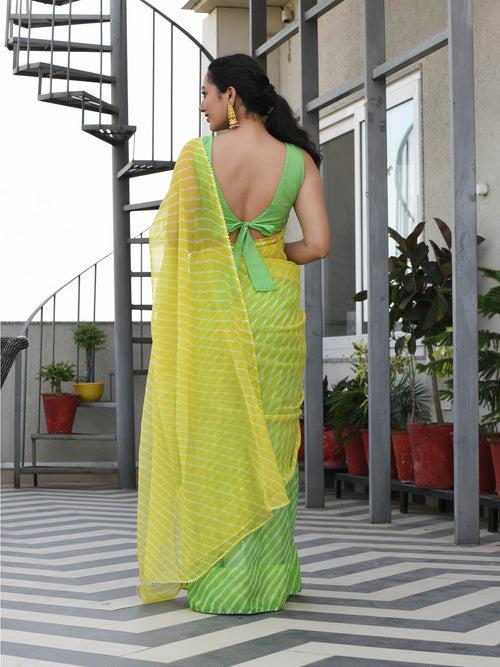 MULMUL TAHAKSHI LIME-YELLOW LEHERIYA CHIFFON SAREE