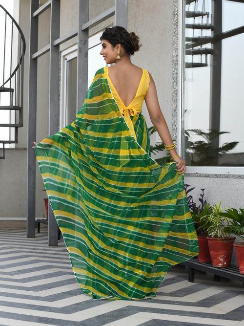 MULMUL TRIKAA GREEN-YELLOW LEHERIYA CHIFFON SAREE