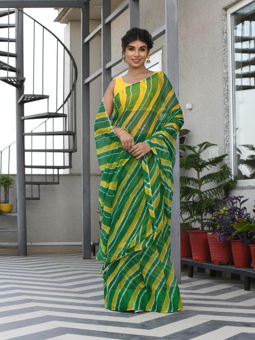 MULMUL TRIKAA GREEN-YELLOW LEHERIYA CHIFFON SAREE