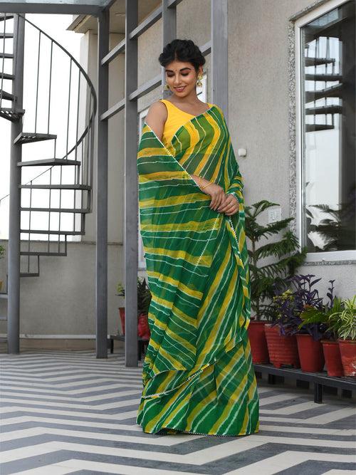 MULMUL TRIKAA GREEN-YELLOW LEHERIYA CHIFFON SAREE