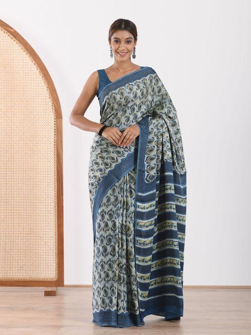 MULMUL FAIENCE BLOCK PRINTED MODAL SATIN SAREE