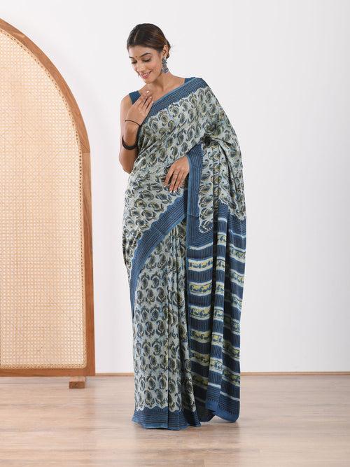 MULMUL FAIENCE BLOCK PRINTED MODAL SATIN SAREE