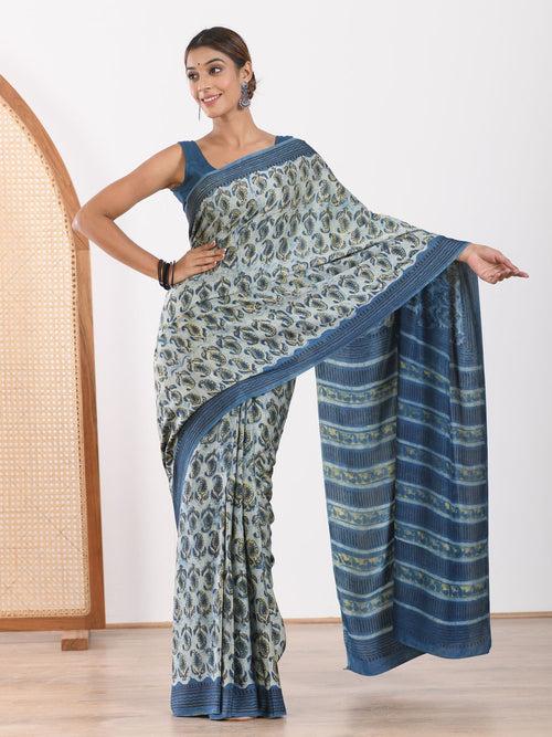 MULMUL FAIENCE BLOCK PRINTED MODAL SATIN SAREE