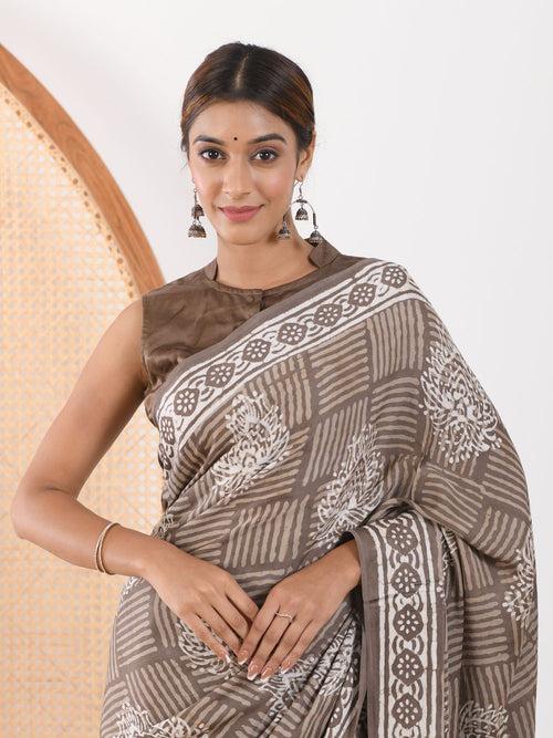 MULMUL TAUPE BLOCK PRINTED MODAL SATIN SAREE