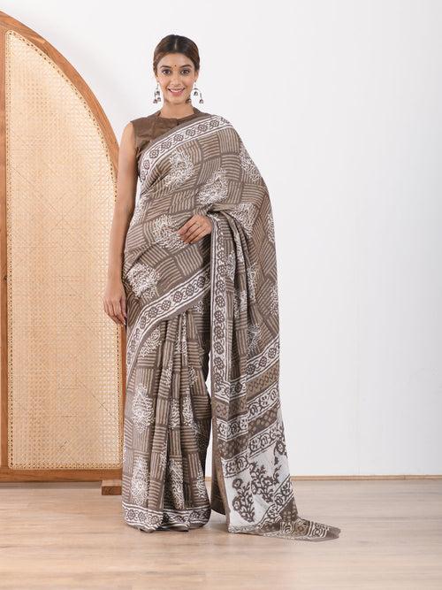 MULMUL TAUPE BLOCK PRINTED MODAL SATIN SAREE