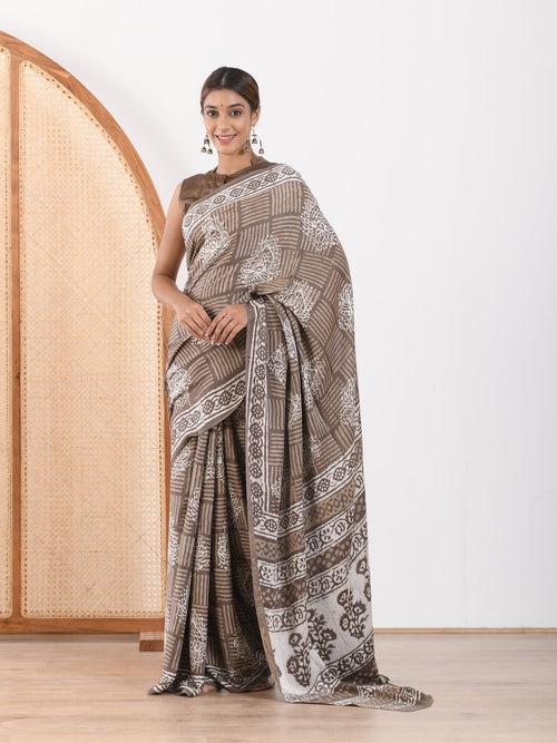 MULMUL TAUPE BLOCK PRINTED MODAL SATIN SAREE