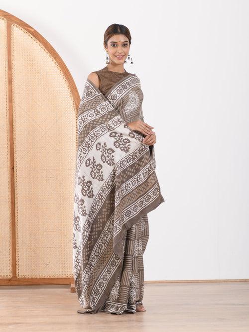 MULMUL TAUPE BLOCK PRINTED MODAL SATIN SAREE