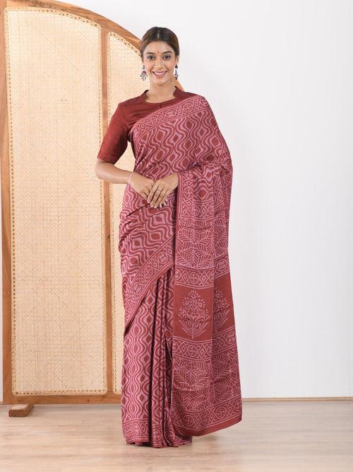 MULMUL ARUSHA BLOCK PRINTED MODAL SATIN SAREE