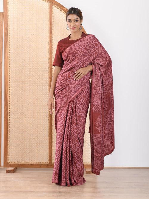 MULMUL ARUSHA BLOCK PRINTED MODAL SATIN SAREE