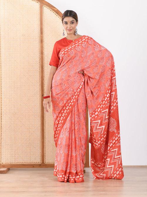 MULMUL FUSION CORAL-RED BLOCK PRINTED MODAL SATIN SAREE