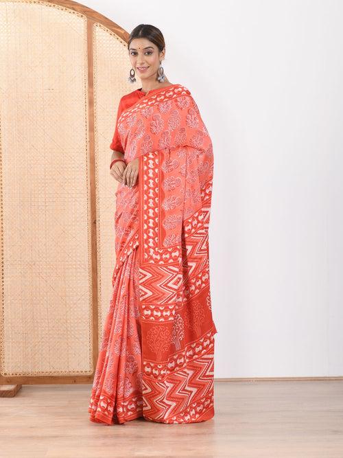 MULMUL FUSION CORAL-RED BLOCK PRINTED MODAL SATIN SAREE