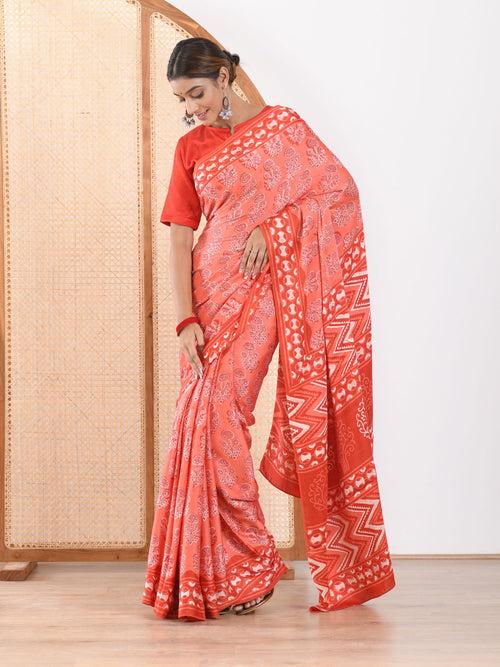 MULMUL FUSION CORAL-RED BLOCK PRINTED MODAL SATIN SAREE