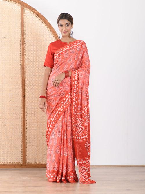 MULMUL FUSION CORAL-RED BLOCK PRINTED MODAL SATIN SAREE