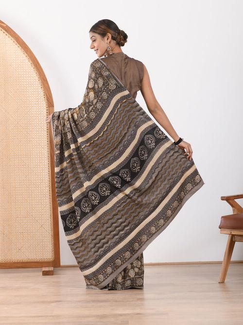 MULMUL UMBER BROWN BLOCK PRINTED MODAL SATIN SAREE