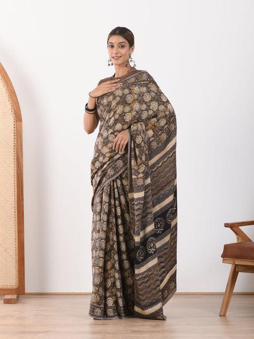 MULMUL UMBER BROWN BLOCK PRINTED MODAL SATIN SAREE