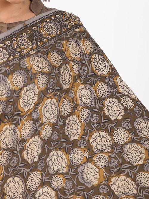 MULMUL UMBER BROWN BLOCK PRINTED MODAL SATIN SAREE