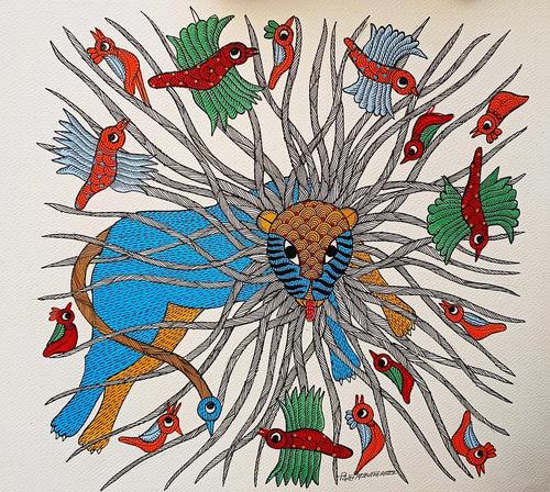 Gond folk art painting by Dilip Shyam