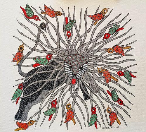 Gond folk art painting by Dilip Shyam