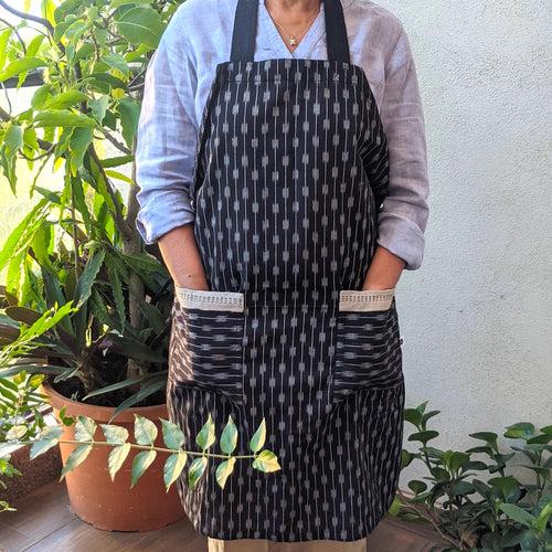 Woven Ikat Cotton Adjustable Apron with Large Pockets with an Embroidered Trim