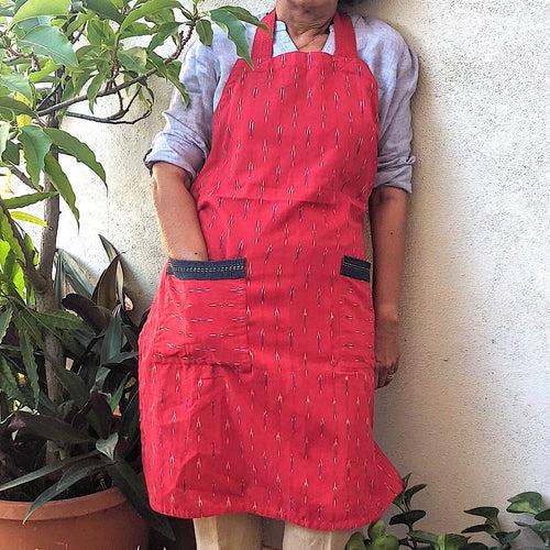 Woven Ikat Cotton Adjustable Apron with Large Pockets with an Embroidered Trim