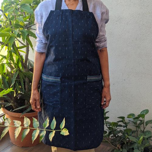 Woven Ikat Cotton Adjustable Apron with Large Pockets with an Embroidered Trim