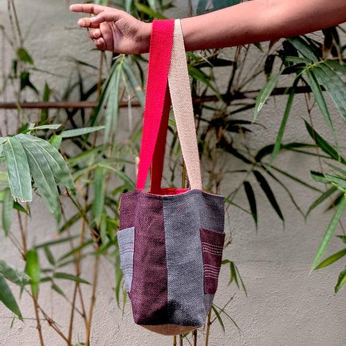 Organic Reversible Cotton-lined Small Tote Bag with Two Embroidered Pockets