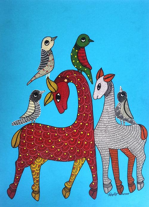 Gond folk art painting by Dilip Shyam