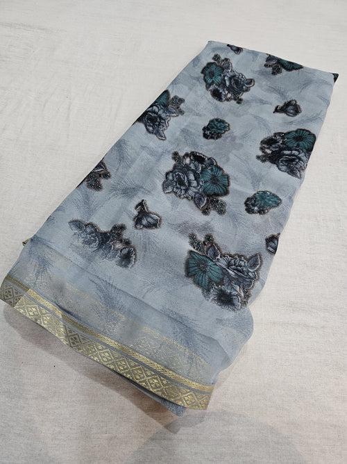 602007 Flower Print Saree with Border - Gray 515006