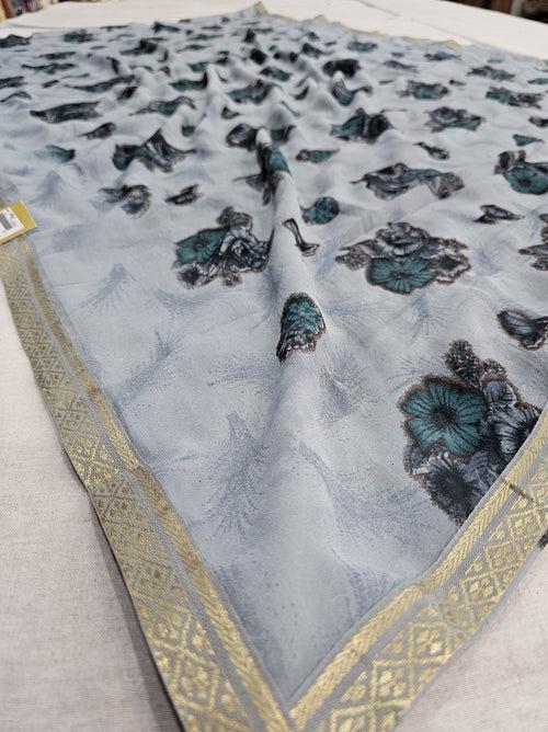 602007 Flower Print Saree with Border - Gray 515006