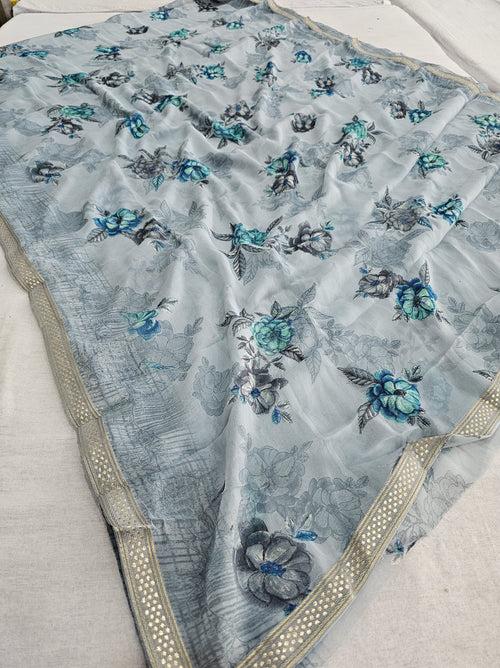 602008 Flower Print Saree with Border - Gray 515001