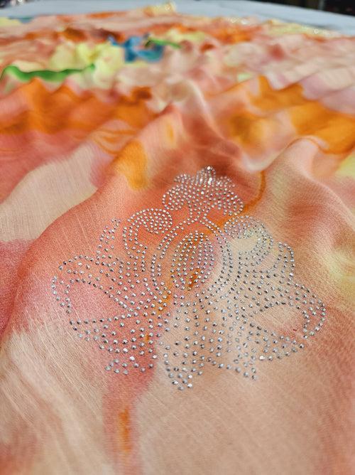 530003 Cloude Print Soft Semi Crepe Silk Saree - Peach