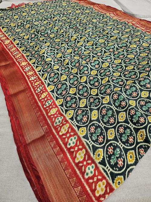 530004 Patola Print Soft Jute Silk Saree - Dark Green