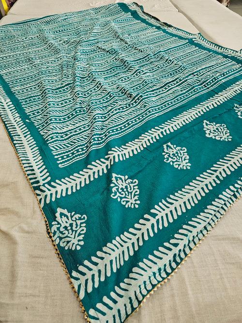 593004 Pure Soft Cotton Batik Printed Saree -  teal green