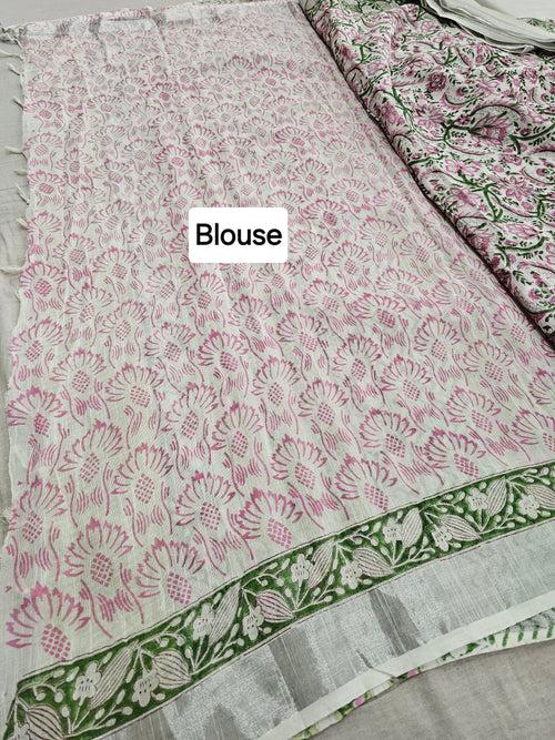 596004 Pure Linen Cotton Handblocked Printed Saree