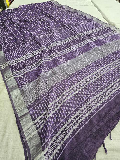 603008 Pure Linen Cotton Handblocked Printed Saree