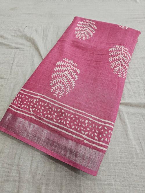 603007 Pure Linen Cotton Handblocked Printed Saree