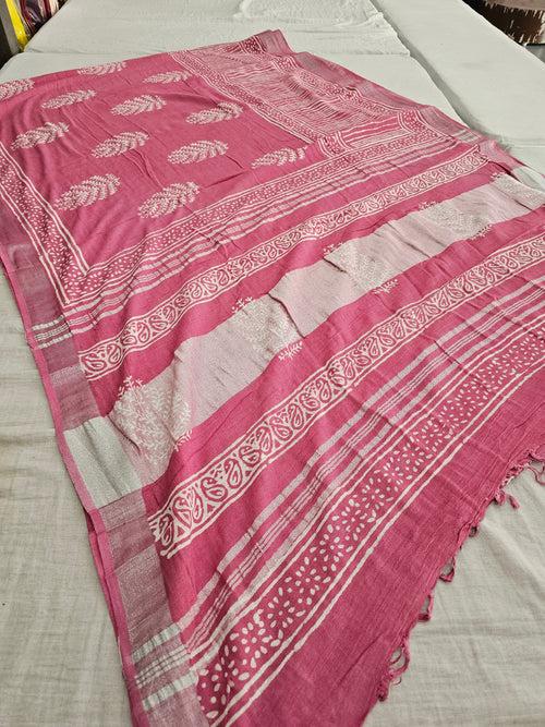 603007 Pure Linen Cotton Handblocked Printed Saree