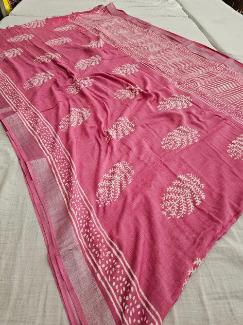 603007 Pure Linen Cotton Handblocked Printed Saree