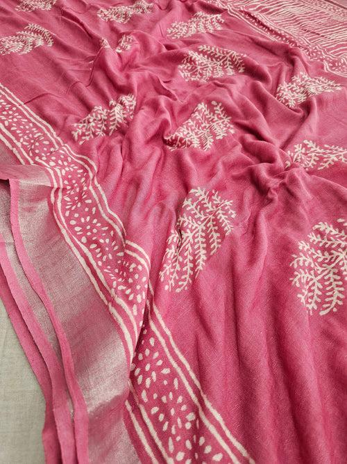 603007 Pure Linen Cotton Handblocked Printed Saree