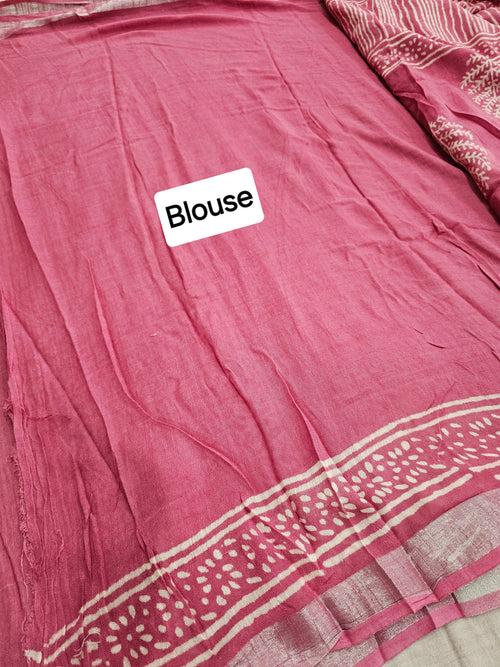 603007 Pure Linen Cotton Handblocked Printed Saree