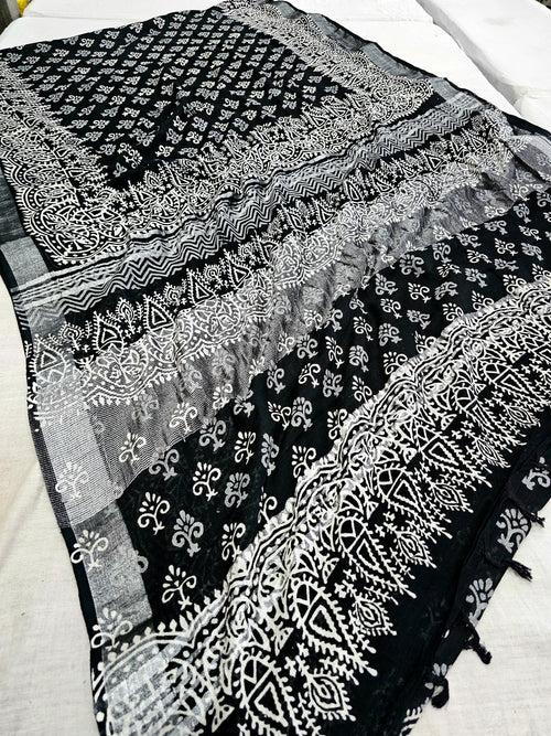 606005 Pure Linen Cotton Handblocked Printed Saree