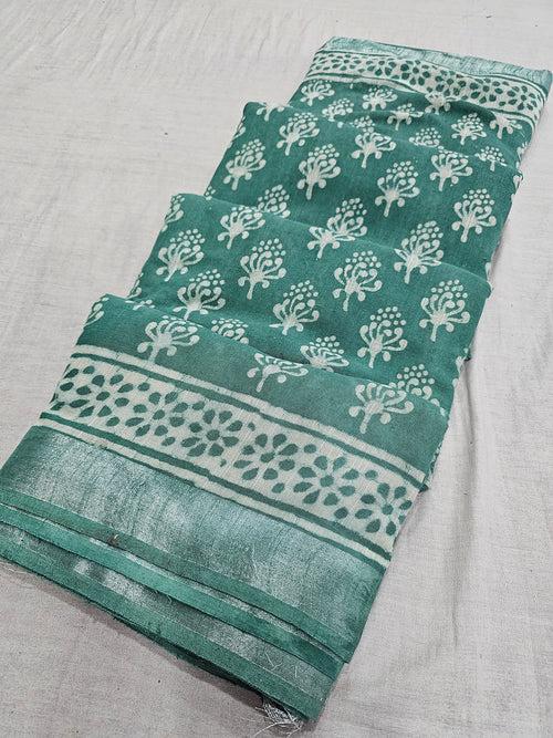 606002 Pure Linen Cotton Handblocked Printed Saree