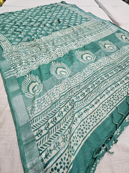 606002 Pure Linen Cotton Handblocked Printed Saree