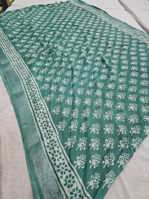 606002 Pure Linen Cotton Handblocked Printed Saree