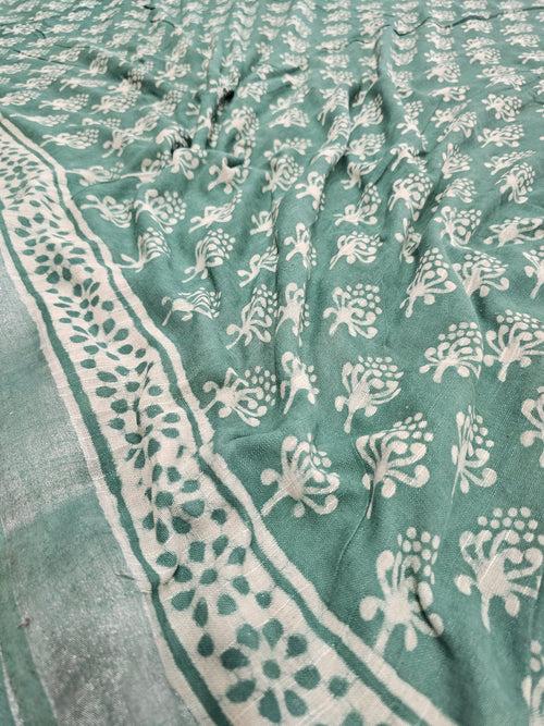606002 Pure Linen Cotton Handblocked Printed Saree